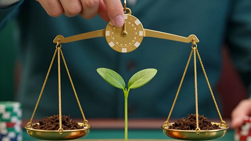 Đôi tay cân bằng chip vàng và mầm cây xanh khi Đánh Giá Nhà Cái Casino Uy Tín